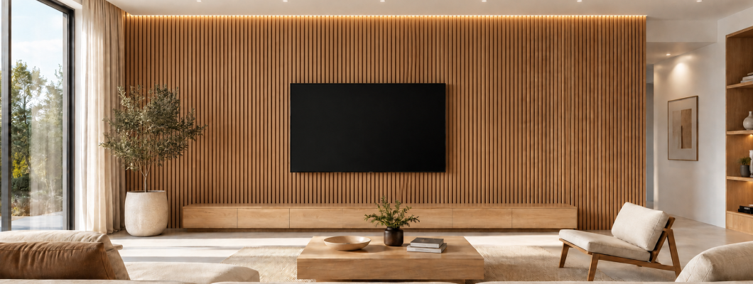 Perete TV cu riflaje și panouri decorative: 7 combinații pentru un living actual