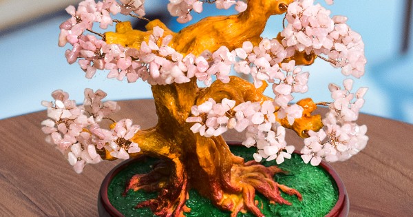 Copaci Roz Copac Feng Shui cu Pietre Semipretioase de Cuart Roz, Suport Ceramic ...