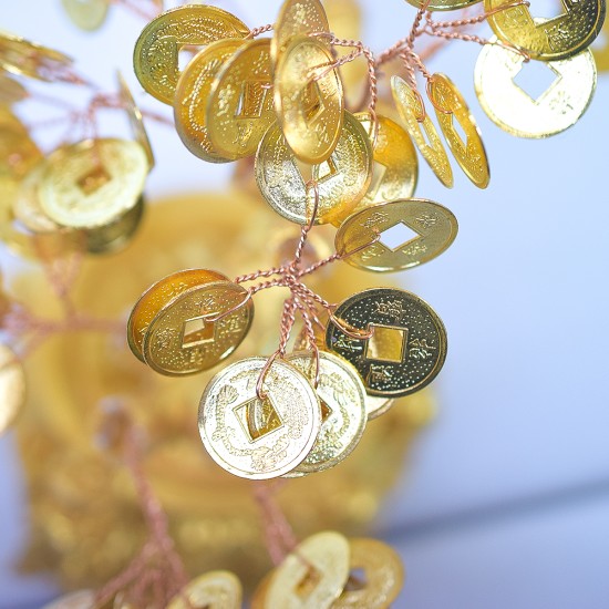 Copac Feng Shui cu Monede Aurii, Suport Ceramic, Naimeed D4635, Inaltime 17cm