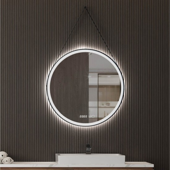 Oglinda cu iluminare LED, IP44, 80cm, D4233, Dezaburire, Touch, Ceas, rama neagra Aluminiu
