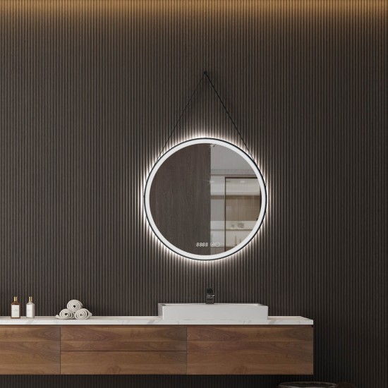 Oglinda cu iluminare LED, IP44, 80cm, D4233, Dezaburire, Touch, Ceas, rama neagra Aluminiu