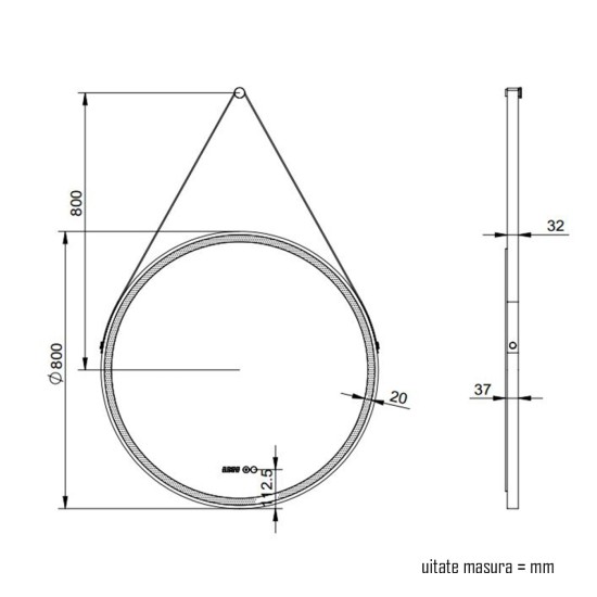 Oglinda cu iluminare LED, IP44, 80cm, D4233, Dezaburire, Touch, Ceas, rama neagra Aluminiu