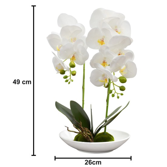 Orhidee cu aspect natural in ghiveci ceramic, 49 cm, Naimeed D4852, Alb