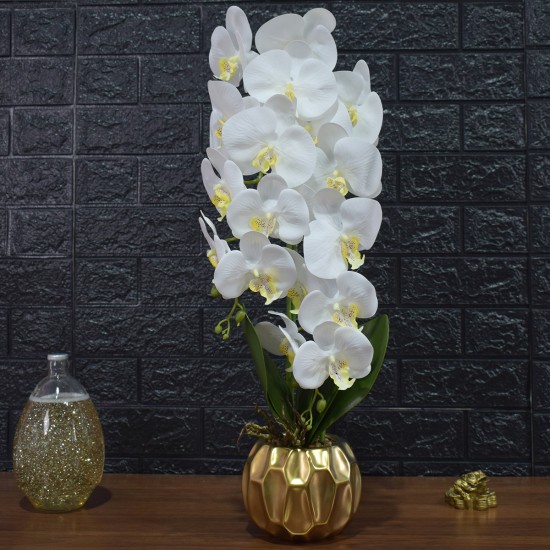 Orhidee cu aspect natural in ghiveci ceramic, 60 cm, Naimeed D4854, Alb