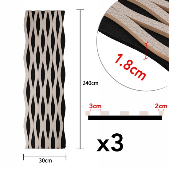 Set 3 Panouri riflaj acustic decorativ, MDF si pasla, Naimeed D6243, 240x30x1.8cm, Gri