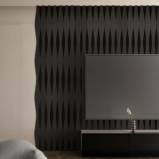 Set 3 Panouri riflaj acustic decorativ, MDF si pasla, Naimeed D6251, 240x30x1.8cm, Stejar Negru