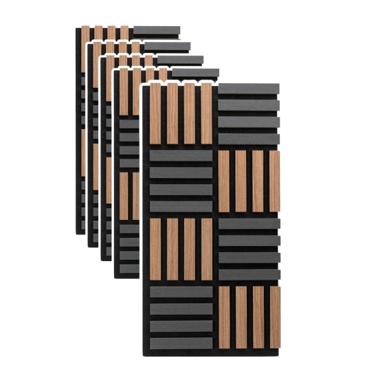 Set 5 Panouri riflaje acustice decorative, MDF si pasla, Naimeed D6772, 70x35x2.1cm, Stejar inchs/Negru
