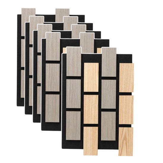 Set 5 Panouri riflaje acustice decorative, MDF si pasla, Naimeed D6774, 60x40x2.1cm, Stejar/Gri
