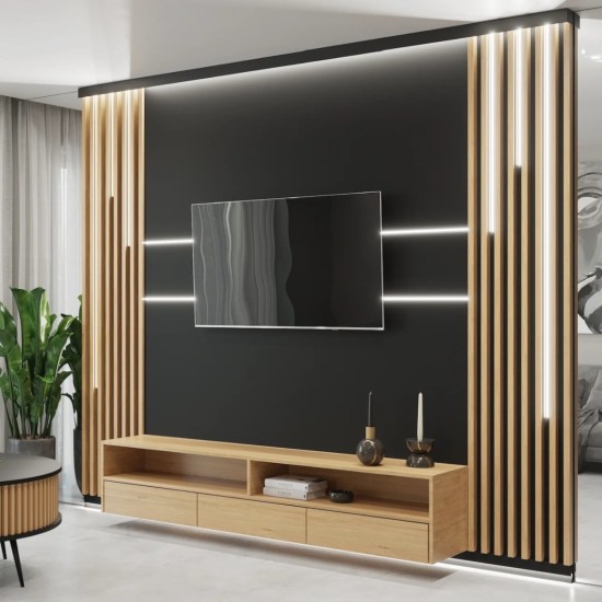 Set 4 Panouri riflaje acustice decorative, MDF si pasla, Naimeed D6780, 240x60x2.1cm, Stejar deschis