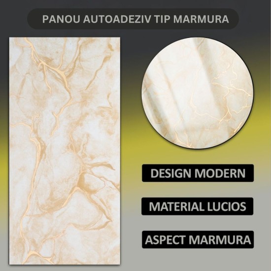 Set 6 panouri decorative autoadezive cu folie de aluminiu, efect marmura,  suprafata acoperita 1.08 m², Naimeed D7107, 60x30 cm, Crem