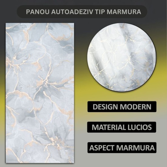 Set 6 panouri decorative autoadezive cu folie de aluminiu, efect marmura,  suprafata acoperita 1.08 m², Naimeed D7111, 60x30 cm, Gri