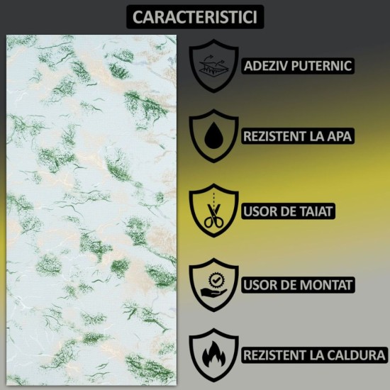 Set 6 panouri decorative autoadezive cu folie de aluminiu, efect marmura, suprafata acoperita 1.08 m², Naimeed D7117, 60x30 cm, Verde