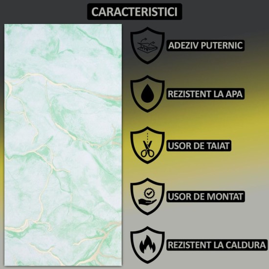 Set 6 panouri decorative autoadezive cu folie de aluminiu, efect marmura, suprafata acoperita 1.08 m², Naimeed D7122, 60x30 cm, Verde deschis