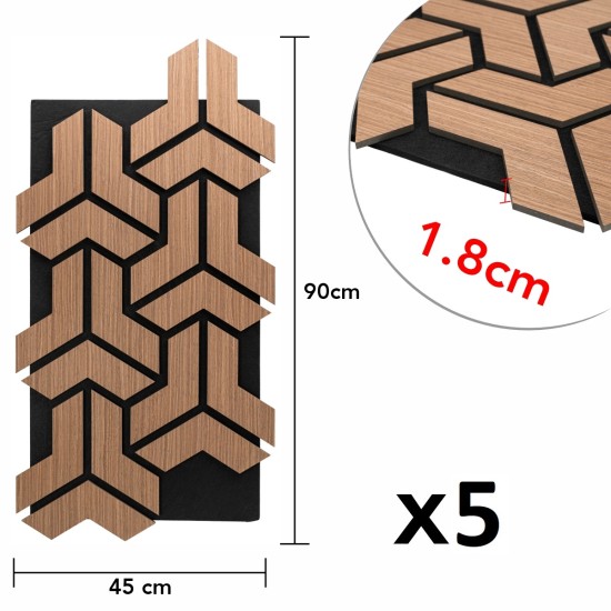 Set 5 Panouri riflaje acustice decorative, HDF si pasla, Naimeed D6761, 90x45x1.8cm, Stejar inchis Set 5 Panouri riflaje acustice decorative, HDF si pasla, Naimeed D6761, 90x45x1.8cm, Stejar inchis