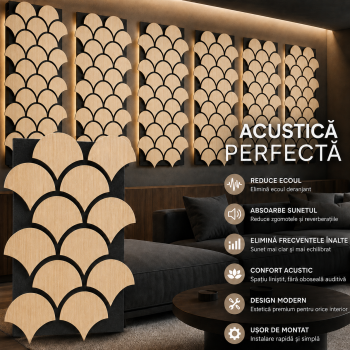 Set 5 Panouri riflaje acustice decorative, HDF si pasla, Naimeed D6763, 60x40x1.8cm, Stejar