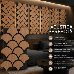 Set 5 Panouri riflaje acustice decorative, HDF si pasla, Naimeed D6764, 60x40x1.8cm, Stejar inchis