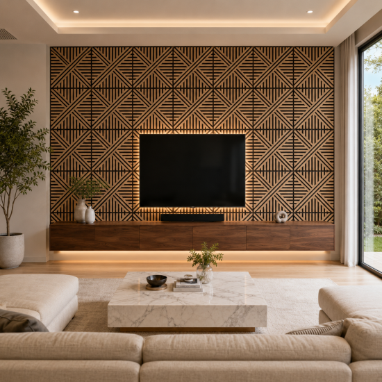 Set 5 Panouri riflaje acustice decorative, MDF si pasla, Naimeed D6767, 60x60x1.8cm, Stejar