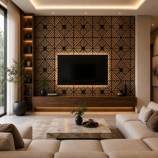 Set 5 Panouri riflaje acustice decorative, MDF si pasla, Naimeed D6768, 60x60x1.8cm, Stejar