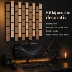 Set 5 Panouri riflaje acustice decorative, MDF si pasla, Naimeed D6775, 60x40x2.1cm, Stejar/Stejar inchis