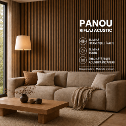 Set 6 Panouri riflaj acustic decorativ, MDF si pasla, Naimeed D7100, 270x30x1.8cm, Stejar natur