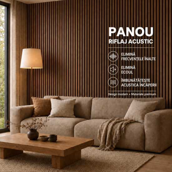 Set 6 Panouri riflaj acustic decorativ, MDF si pasla, Naimeed D7100, 270x30x1.8cm, Stejar natur