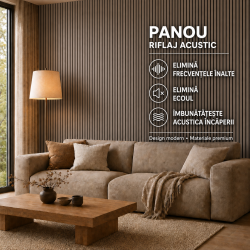 Set 6 Panouri riflaj acustic decorativ, MDF si pasla, Naimeed D7101, 270x30x1.8cm, Gri