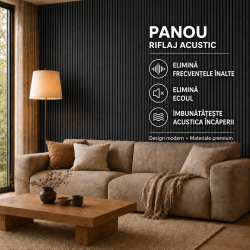 Set 6 Panouri riflaj acustic decorativ, MDF si pasla, Naimeed D7103, 270x30x1.8cm, Gri inchis
