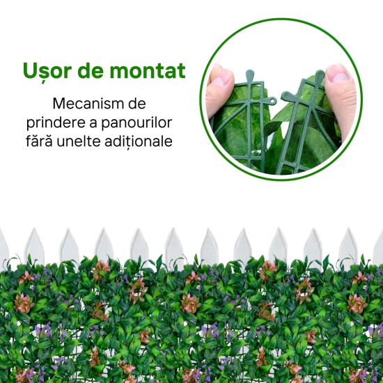Panou din plante artificiale, cu frunze si flori, Naimeed D5898, Verde-Mov, 600x400mm Panou din plante artificiale, cu frunze si flori, Naimeed D5898, Verde-Mov, 600x400mm