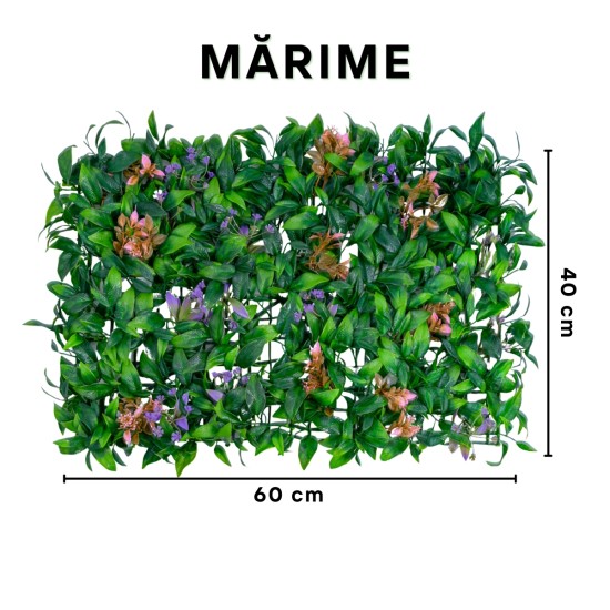 Panou din plante artificiale, cu frunze si flori, Naimeed D5898, Verde-Mov, 600x400mm Panou din plante artificiale, cu frunze si flori, Naimeed D5898, Verde-Mov, 600x400mm