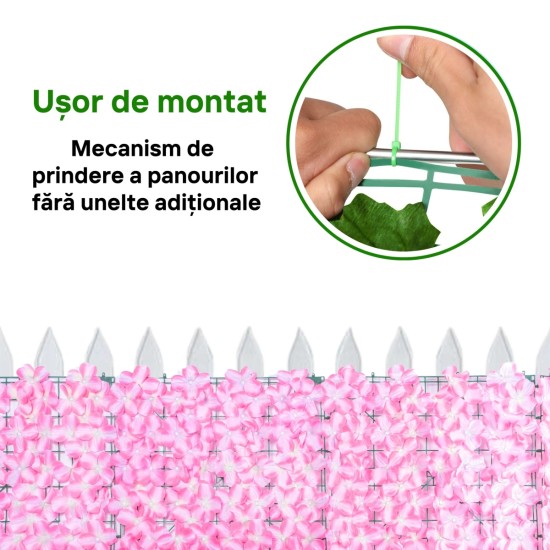 Plasa gard, flori artificiale, Naimeed D5961, paravan pentru balcon, terasa si gard, Roz, 1000x3000mm