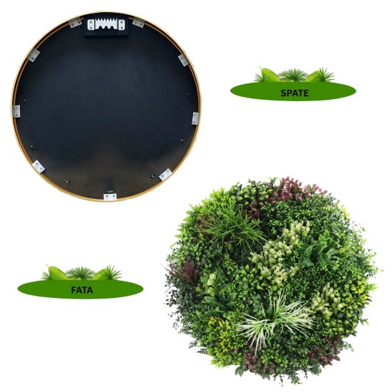 Aranjament decorativ, de perete, cu ramă din aluminiu și plante artificiale Naimeed D7453, diametru 100 cm