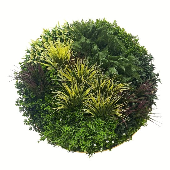 Aranjament decorativ, de perete, cu ramă din aluminiu și plante artificiale Naimeed D7464, diametru 100 cm