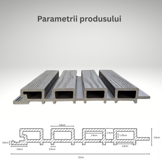 Lambriu decorativ WPC, reliefat, pentru exterior, montaj rapid, rezistenta ridicata, Naimeed D7490, 280x22x2.6cm, Nuc natural