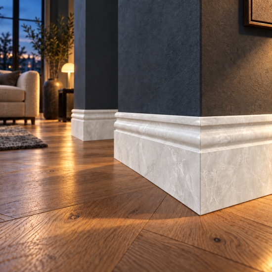 Plintă decorativă, polimer rigid, Naimeed D6699ALB, Alb, 230 × 10 × 1.5 cm