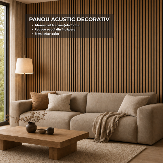 Set 6 Panouri riflaj acustic decorativ, MDF si pasla, Naimeed D7100, 270x30x1.8cm, Stejar natur