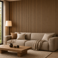 Set 6 Panouri riflaj acustic decorativ, MDF si pasla, Naimeed D7100, 270x30x1.8cm, Stejar natur