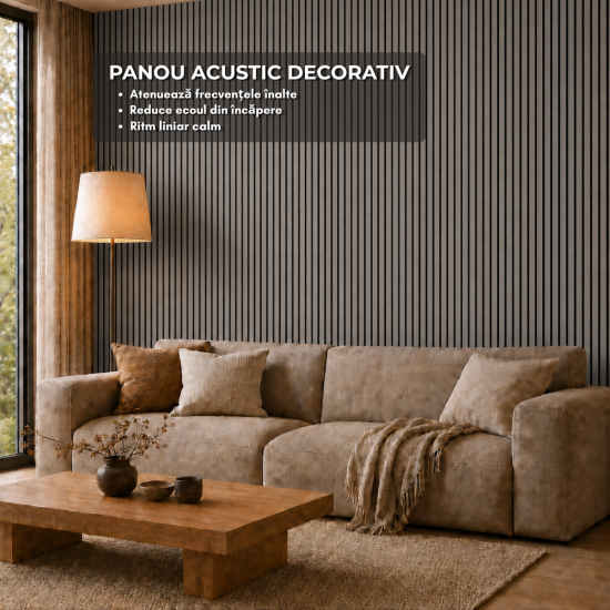 Set 6 Panouri riflaj acustic decorativ, MDF si pasla, Naimeed D7101, 270x30x1.8cm, Gri