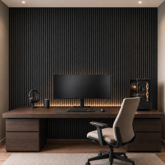 Set 6 Panouri riflaj acustic decorativ, MDF si pasla, Naimeed D7103, 270x30x1.8cm, Gri inchis