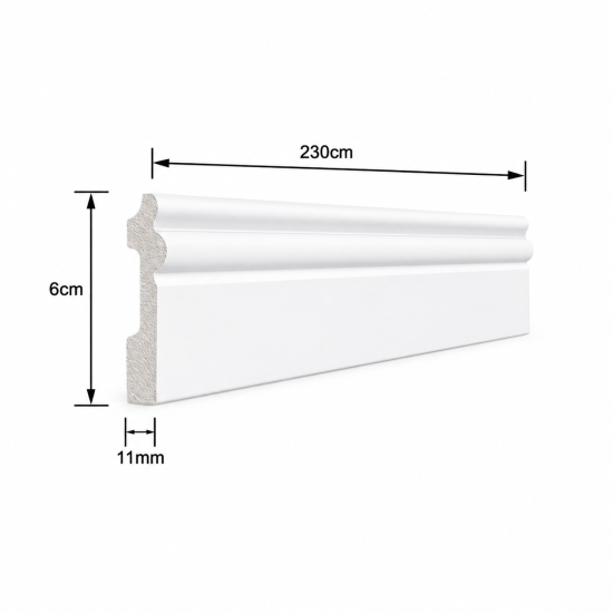 Plintă decorativă, polimer rigid, Naimeed D8108, Alb, 230 × 6 × 1.1 cm