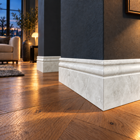 Plintă decorativă, polimer rigid, Naimeed D8108ALB, Alb, 230 × 6 × 1.1 cm