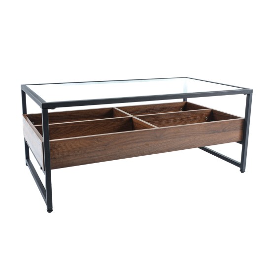 Masuta de cafea, blat din sticla, 4 compartimente, Naimeed N-175, Stejar Inchis, 100x55x42cm Masuta de cafea, blat din sticla, 4 compartimente, Naimeed N-175, Stejar Inchis, 100x55x42cm