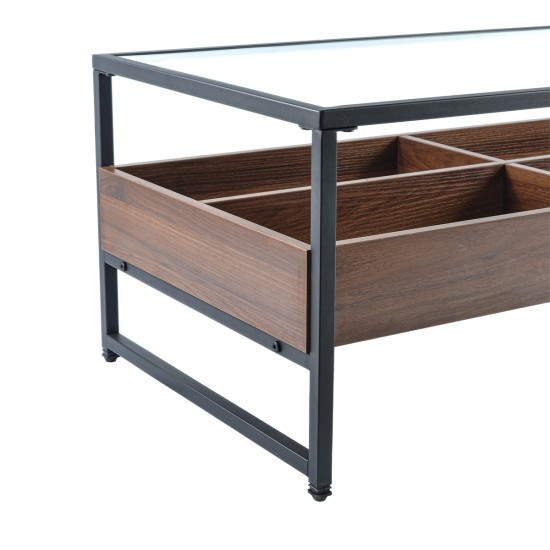 Masuta de cafea, blat din sticla, 4 compartimente, Naimeed N-175, Stejar Inchis, 100x55x42cm Masuta de cafea, blat din sticla, 4 compartimente, Naimeed N-175, Stejar Inchis, 100x55x42cm