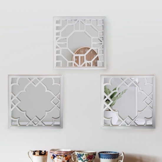 Set 3 Oglinzi Decorative de Perete, Naimeed D4617W, Alb, 25.5x2.5x25.5 cm