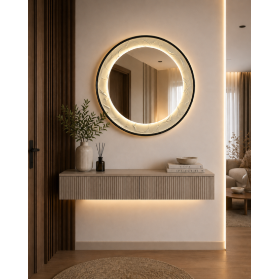 Oglinda LED de Perete, Naimeed D7997, Rama din Aluminiu  Negru, Insert Texturat, 3 Nuante de lumina, 80cm
