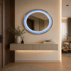 Oglinda LED de Perete, Naimeed D7998, Rama din Aluminiu Auriu, Insert Texturat, 3 Nuante de lumina, 80cm