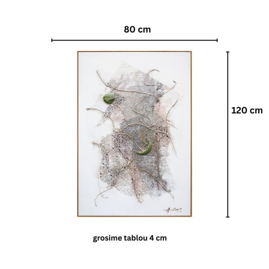 Tablou decorativ, 3D piatra naturala, Naimeed D7957, montat pe suport rigid si rama exterioara din lemn, 80x120x4cm