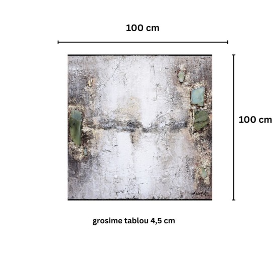Tablou decorativ, 3D relief, piatra naturala, Naimeed D7960, montat pe suport rigid si rama exterioara din lemn, 100x100x4.5cm
