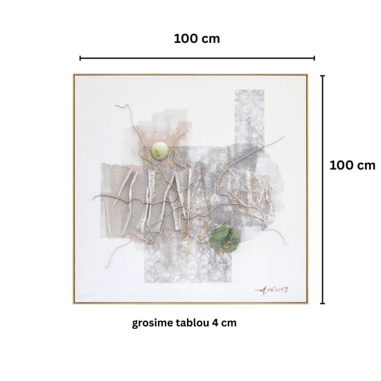 Tablou Decorativ, vopsea in ulei pe panza, Naimeed D7961, relief 3D piatra decorativa, montat pe rama dubla din lemn 100x100x4cm