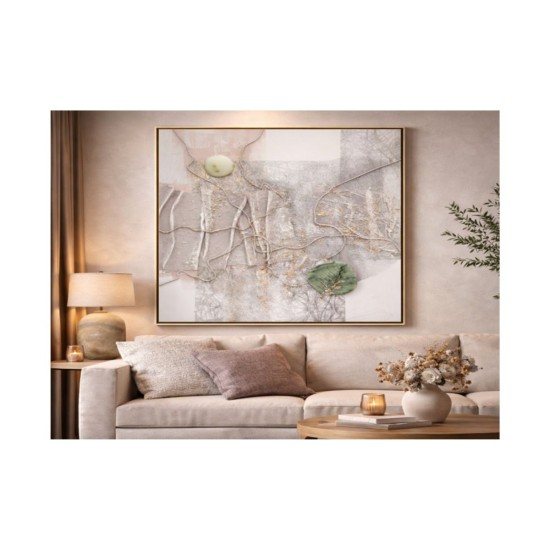 Tablou Decorativ, vopsea in ulei pe panza, Naimeed D7961, relief 3D piatra decorativa, montat pe rama dubla din lemn 100x100x4cm