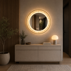 Oglinda LED de Perete, Naimeed D8000, Rama din Aluminiu Auriu, Insert Texturat, 3 Nuante de lumina, 80cm